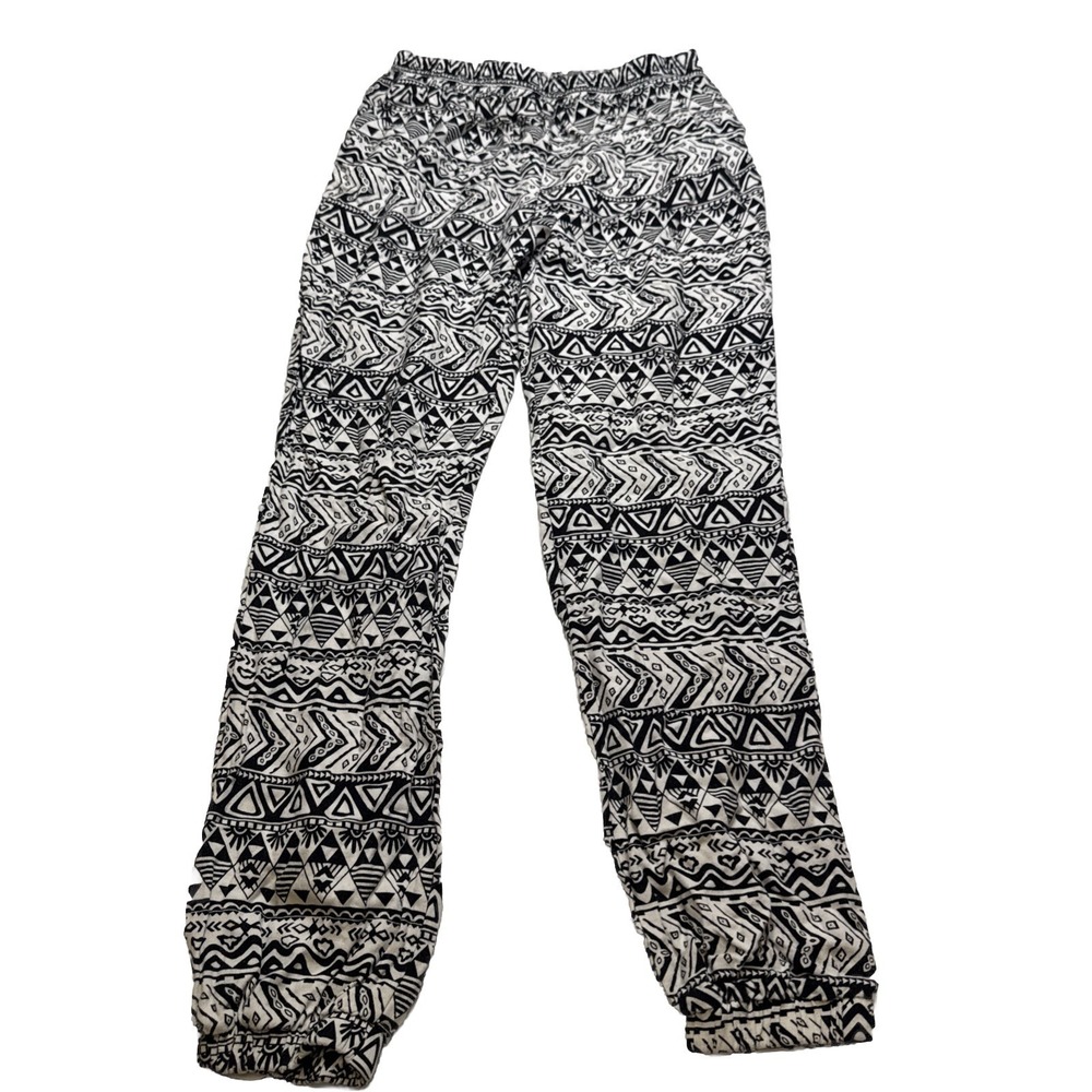 Shosho Womens Tribal Geometric Print Jogger Pants Black White‎ Rayon Size M